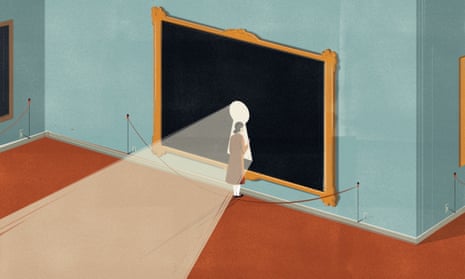 Illustration of woman looking at a painting that has a keyhole cut into it