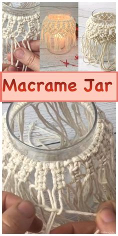 crocheted macrame jar is shown with the words macrame jar below it