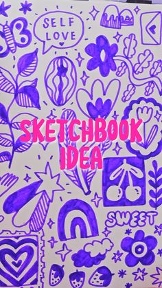 a sketch book with purple doodles on it and the words sketchbook idea written in pink