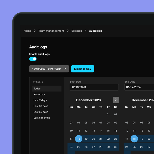 Exporting Vimeo audio logs .csv files under the team management settings by selecting a date range from a calendar.