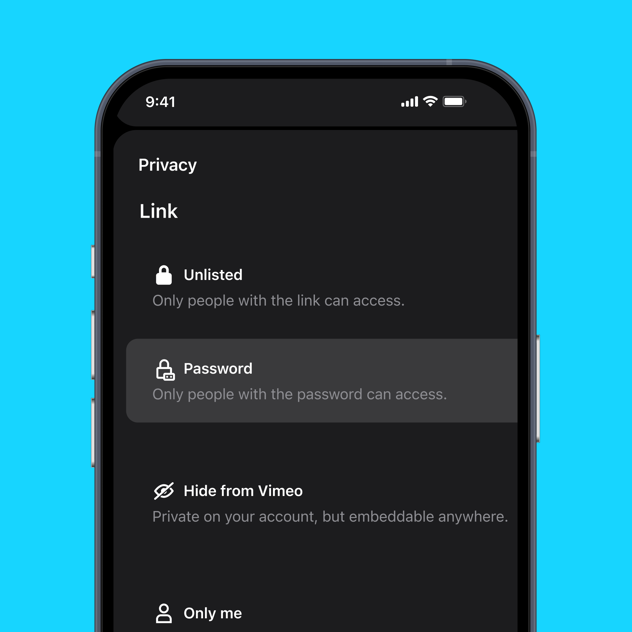 Vimeo video privacy settings that allow users to select from options including unlisted, password-protected, hidden, and private video.