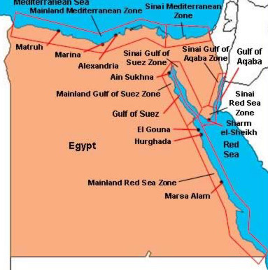 A map showing the different beach zones on Egypt's coastlines