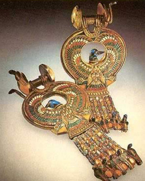 Gold cloisonne earrings representing birds with ducks' heads and falcons' wings